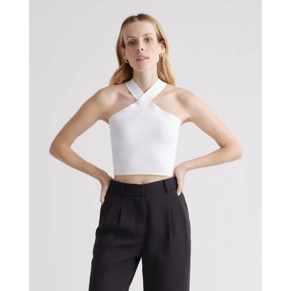 Quince Sweaters - Quince Womens Cropped Halter Sweater Knit Tank Textured Stretch Ribbed Ivory XS